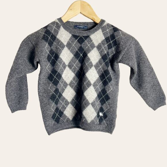 Burberry Boy’s Gray Argyle Knit Lambswool Crewneck Sweater Size 6 - Picture 1 of 9
